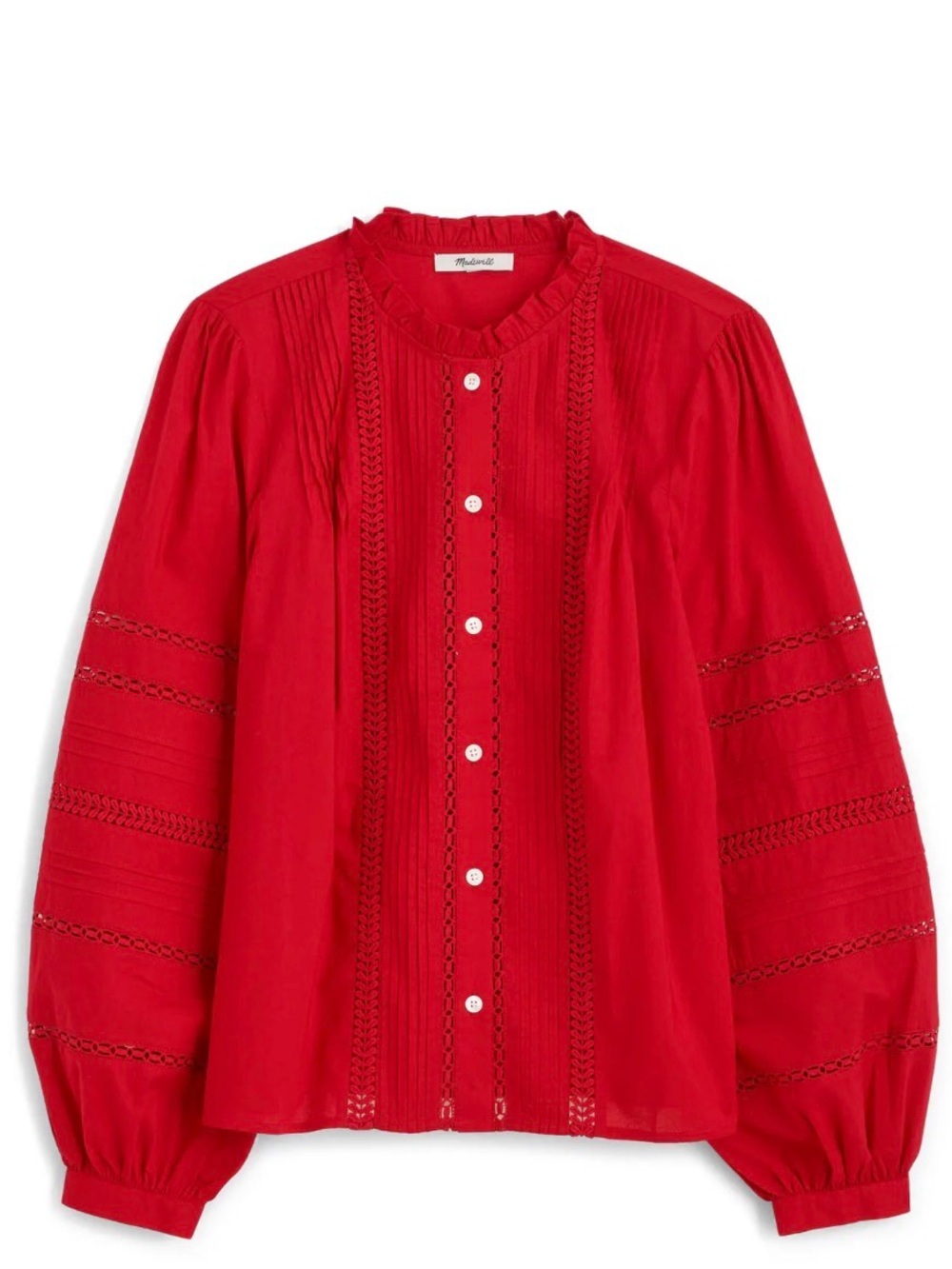 NWT Madewell High Neck Lace Detail Pintuck Cotton Top | Red| Size Med
